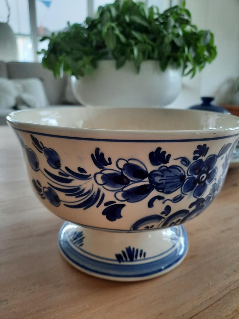 Delfts handwerk blauw schaal op voet vogel, Antiek en Kunst, Ophalen of Verzenden