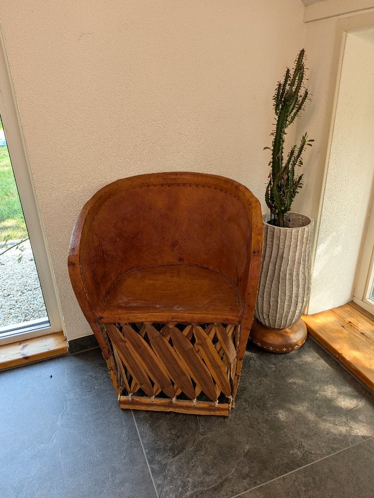 Bijzondere stoel leer hout boho vintage, Ophalen, Gebruikt, Bohemian vintage western, Eén