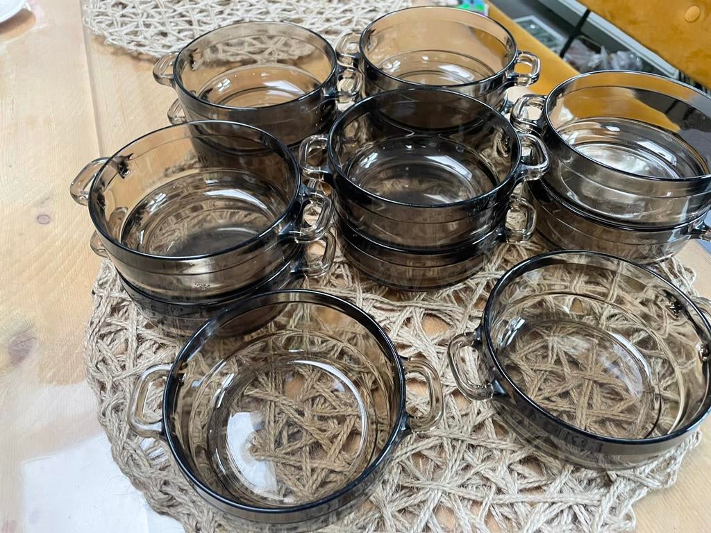 11 x Vintage Soepkommen Arcoroc France rookglas jaren 70, ., Ophalen of Verzenden, Zo goed als nieuw, .
