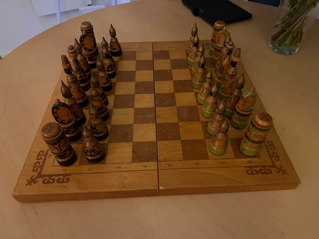 Russisch schaakspel - 50x50cm houten schaakstukken, Ophalen, Gebruikt, Schaken