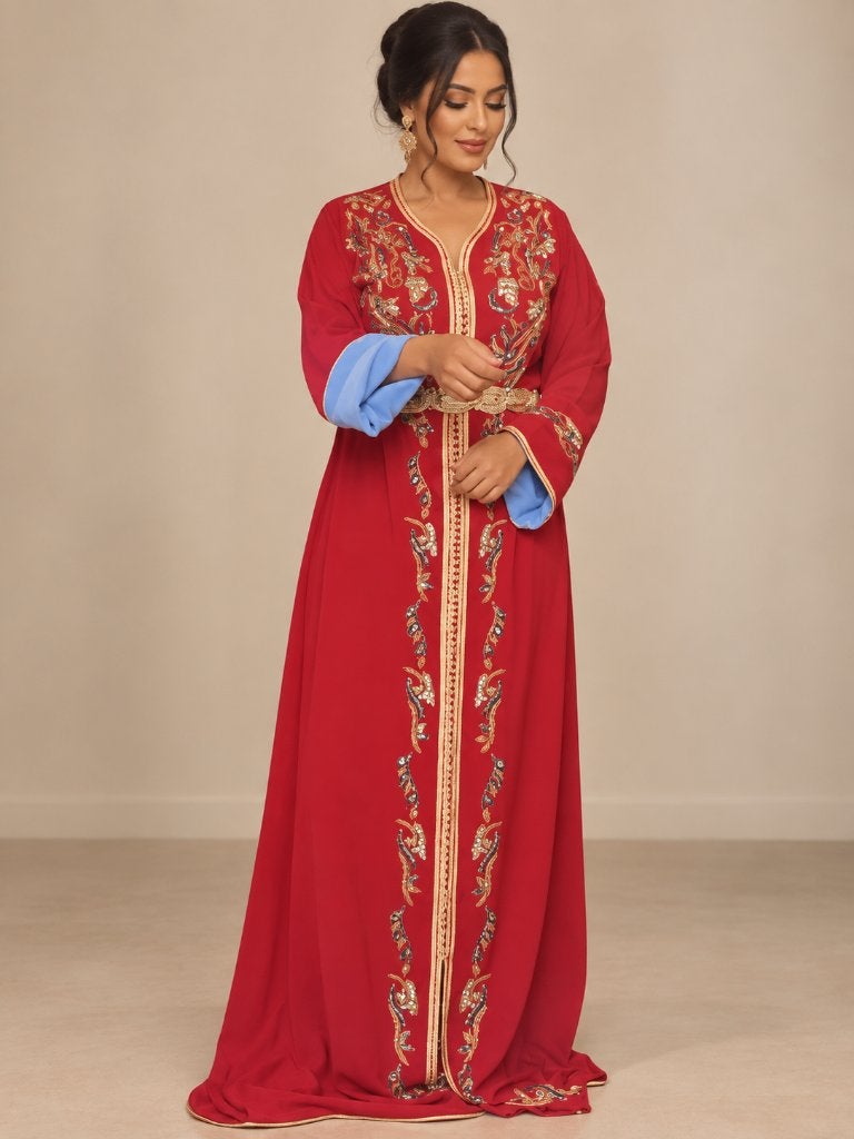 Felrode Marokkaanse kaftan/takshita met goudborduurwerk.”, Kleding | Dames, Maat 38/40 (M), Ophalen of Verzenden, Onbekend, Zo goed als nieuw