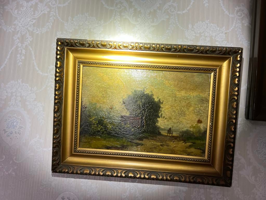 Oud schilderij met landschap in gouden lijst, Antiek en Kunst, Ophalen