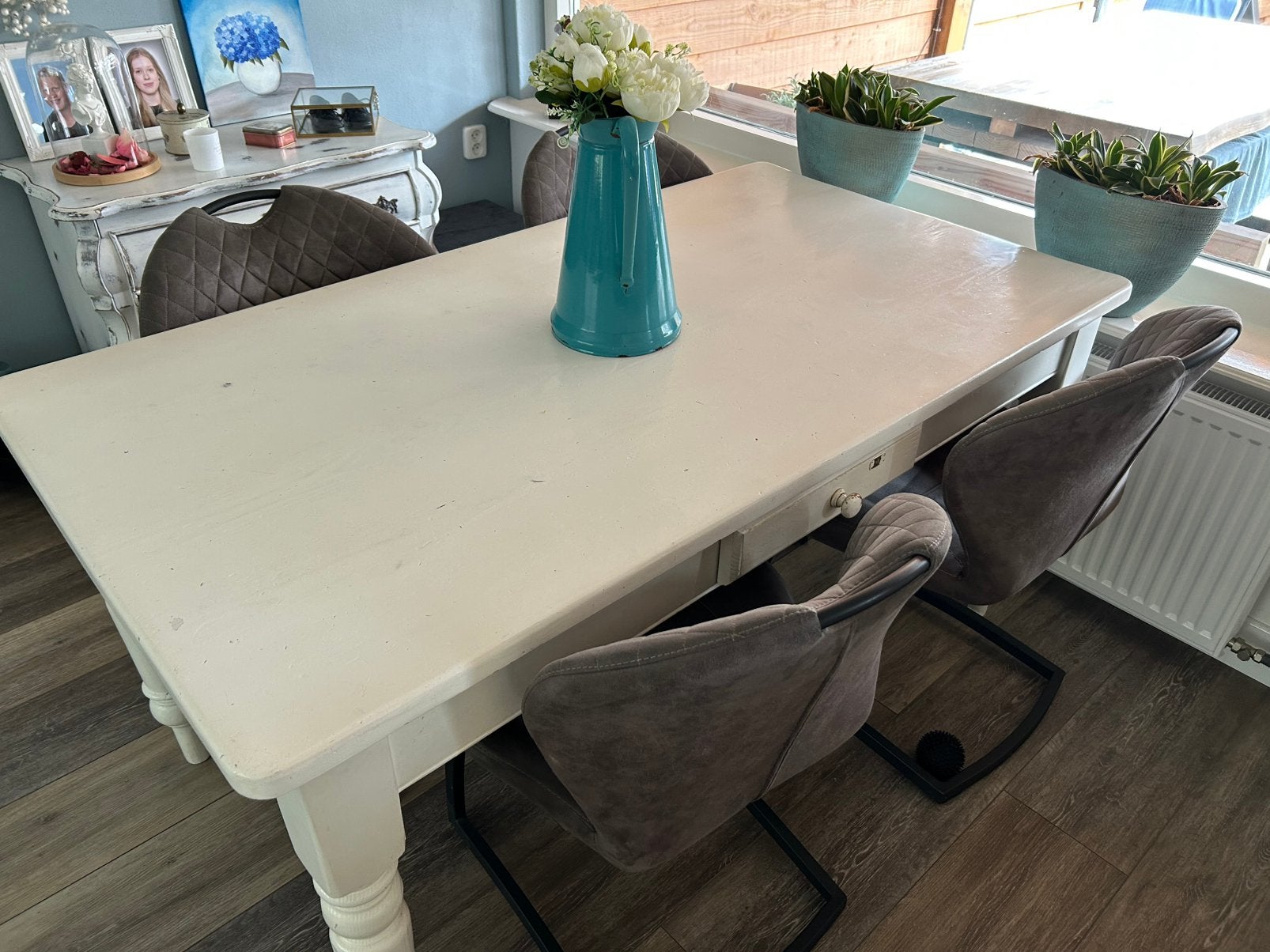 Anieke grene eettafel, Ophalen, Gebruikt, Antiek/brokant, 50 tot 100 cm