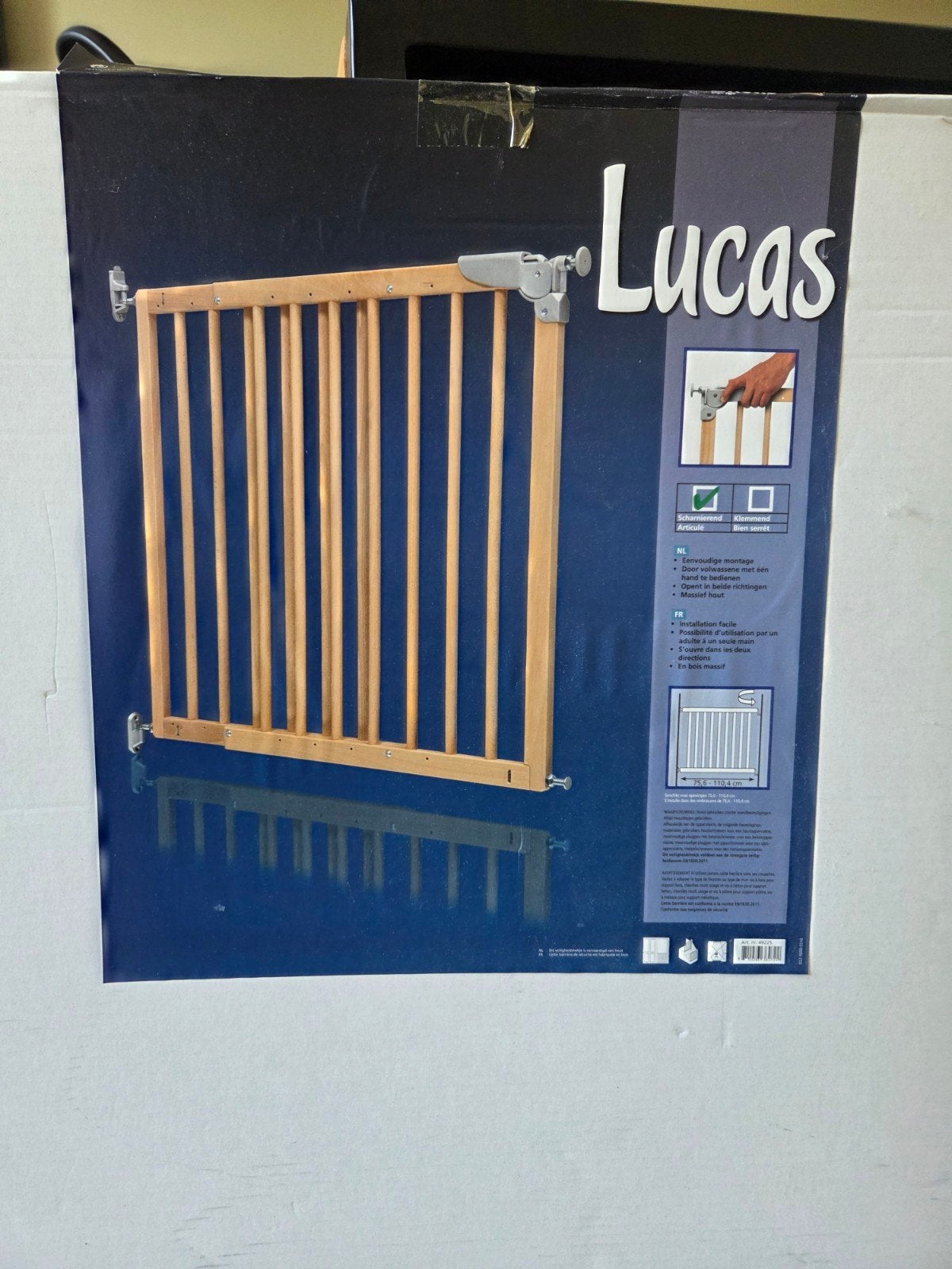 2 Lucas traphekjes: 1x nieuw in doos, 1x gebruikt, Kinderen en Baby's, Traphekjes, Ophalen, Nieuw, Klemhekje, Hout