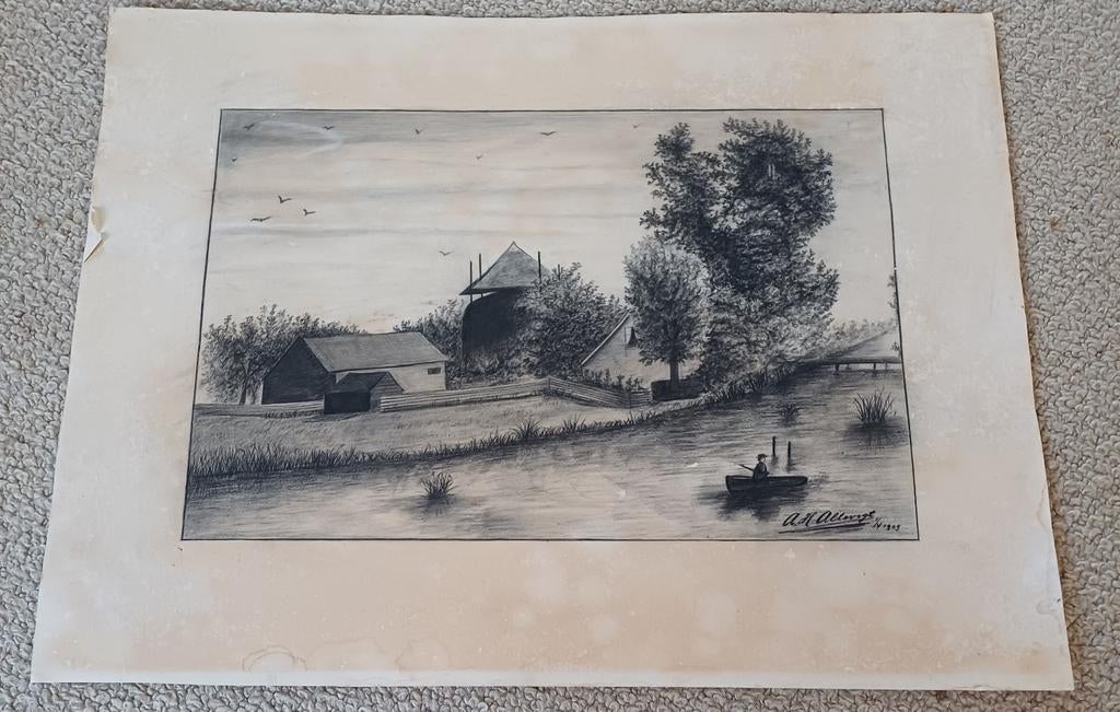 Antieke potloodtekening van landschap met visser, 1909, Ophalen