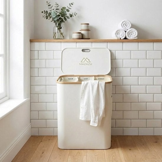 Wasmand 3 Vakken met Deksel – Beige – Bamboe, Huis en Inrichting, Ophalen, Zo goed als nieuw, Beige, Wasmand