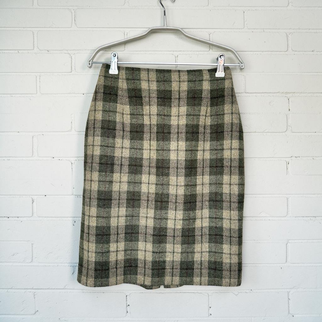 Vintage Rok Maat 38 Khaki Beige Ruit Patroon Koker Wol, Maat 38/40 (M), Beige, Marks & Spencer, Boven de knie