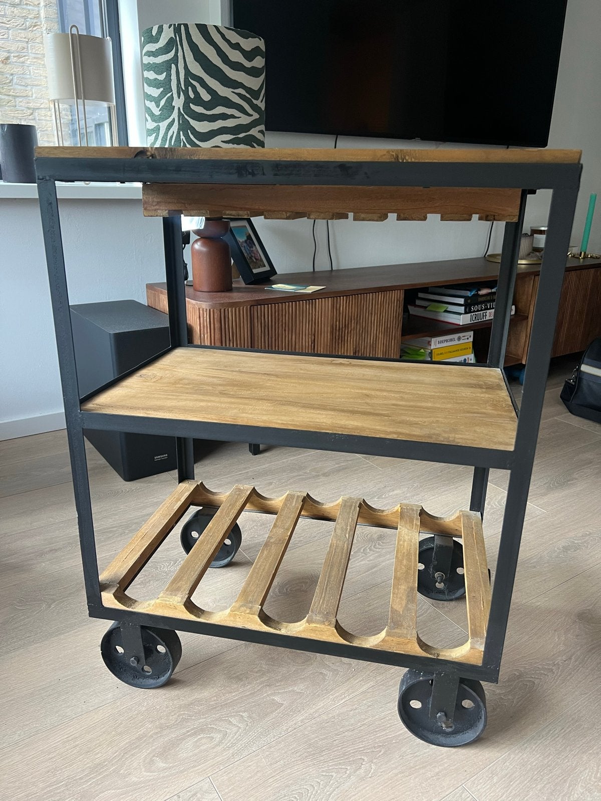 Houten Barwagen met Wijnrek en Glashouders, Ophalen, Hout, Gebruikt, Bruin