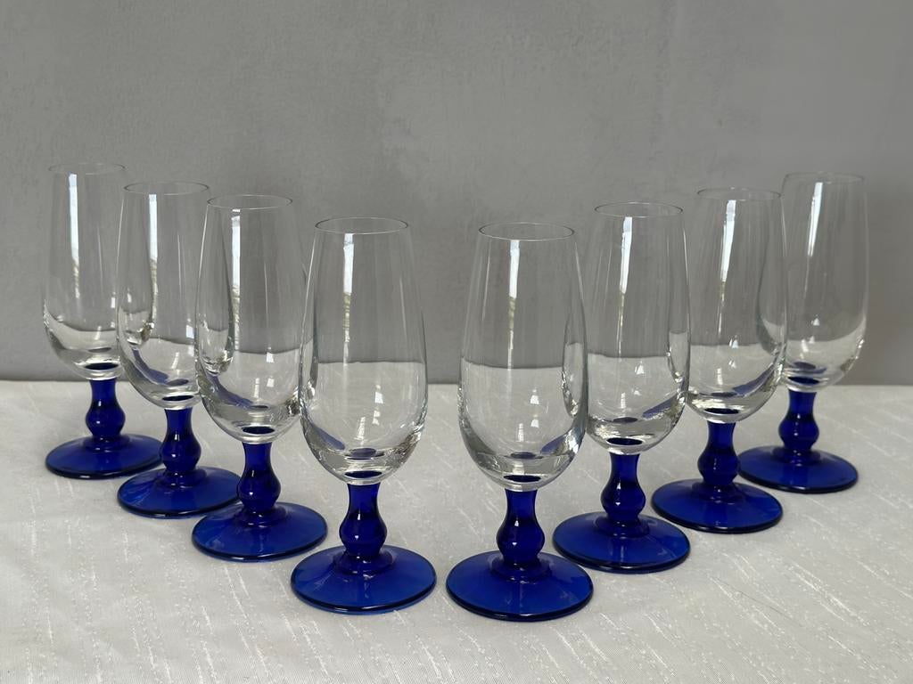 Set/8 vintage champagne glazen met blauwe voet, Ophalen, Gebruikt, Overige typen, X
