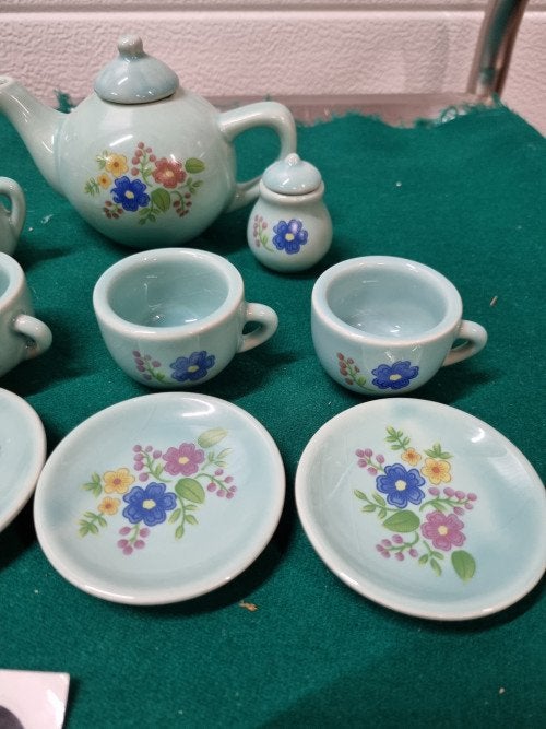 Miniservies groen blauw met bloemen, Antiek en Kunst, Antiek | Servies compleet, Ophalen of Verzenden