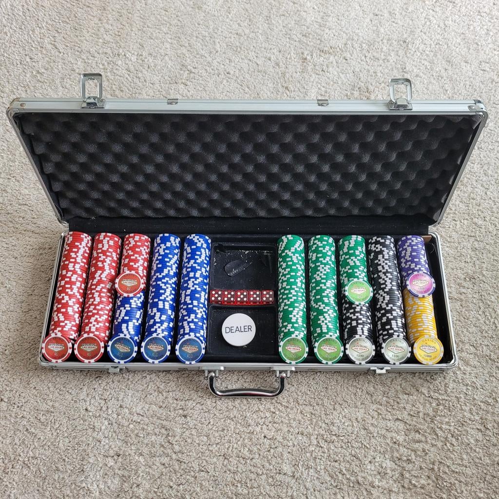 Luxe pokerset! Inclusief Las Vegas poker fiches! Uniek!, Vijf spelers of meer, Ophalen of Verzenden, Gebruikt