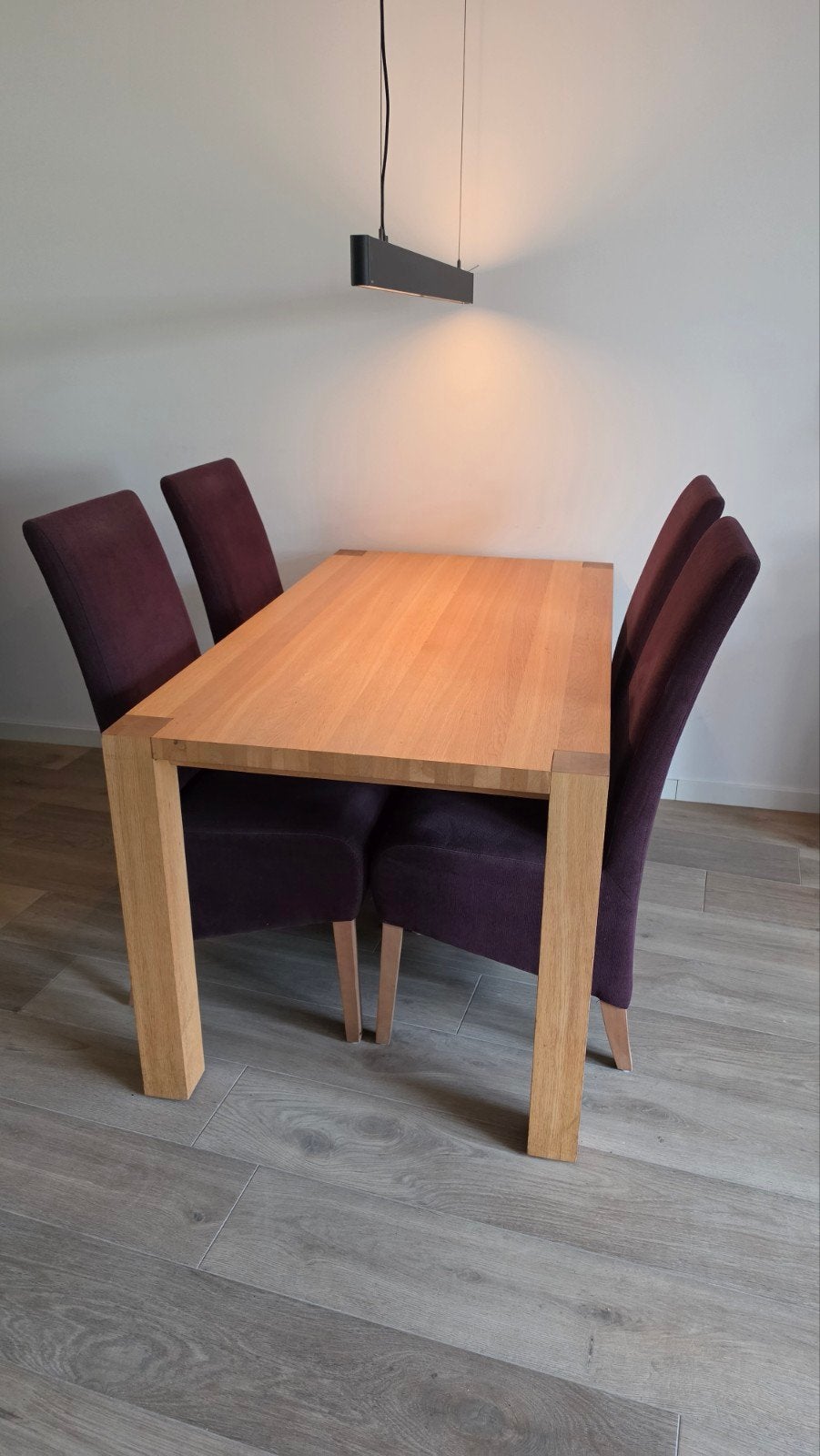 Blank eiken eettafel met 4 stoelen, 77x85x160 cm, Huis en Inrichting, Tafels | Eettafels, Ophalen, Eikenhout, 50 tot 100 cm, Zo goed als nieuw