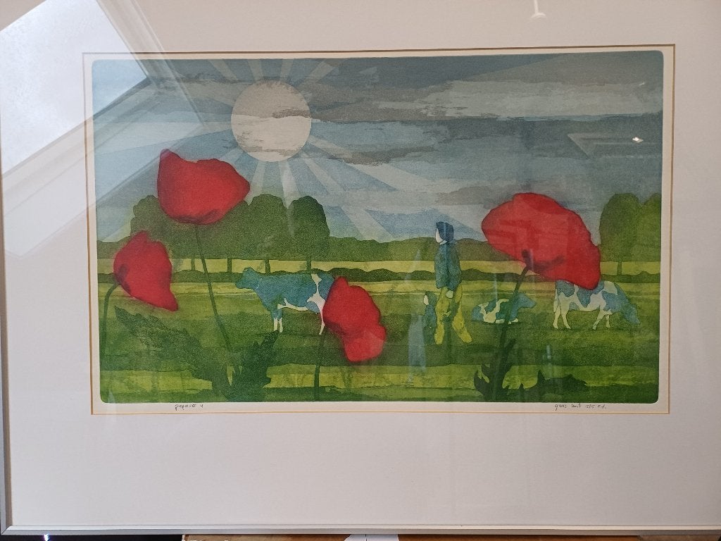 ets "Papaver" van Guus Kuit, Antiek en Kunst, 81 cm, Ets, Landschap, 2000 tot heden