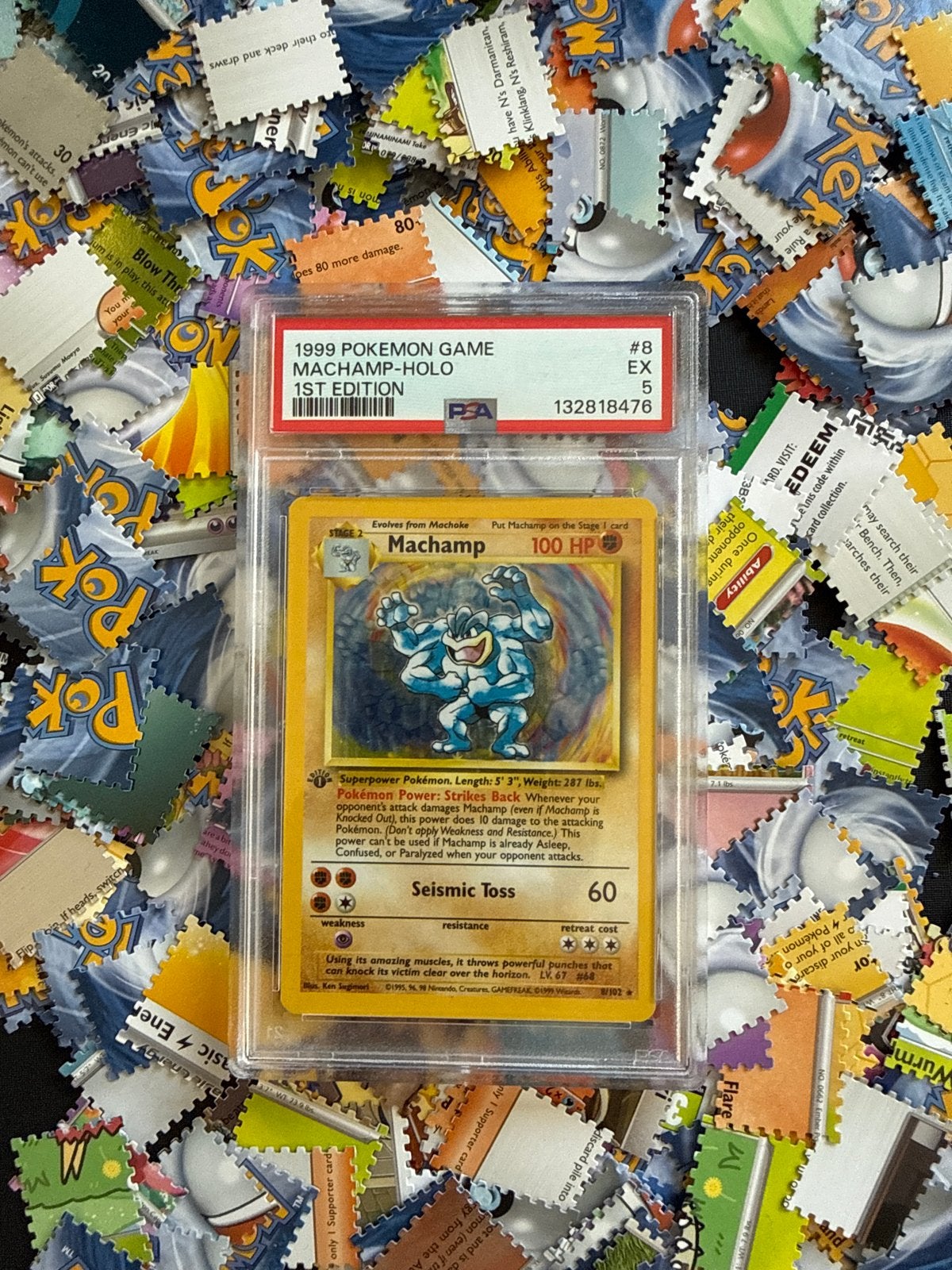 1999 Pokémon Machamp Holo 1st Edition PSA 5, Ophalen of Verzenden, Gebruikt, Losse kaart, Foil