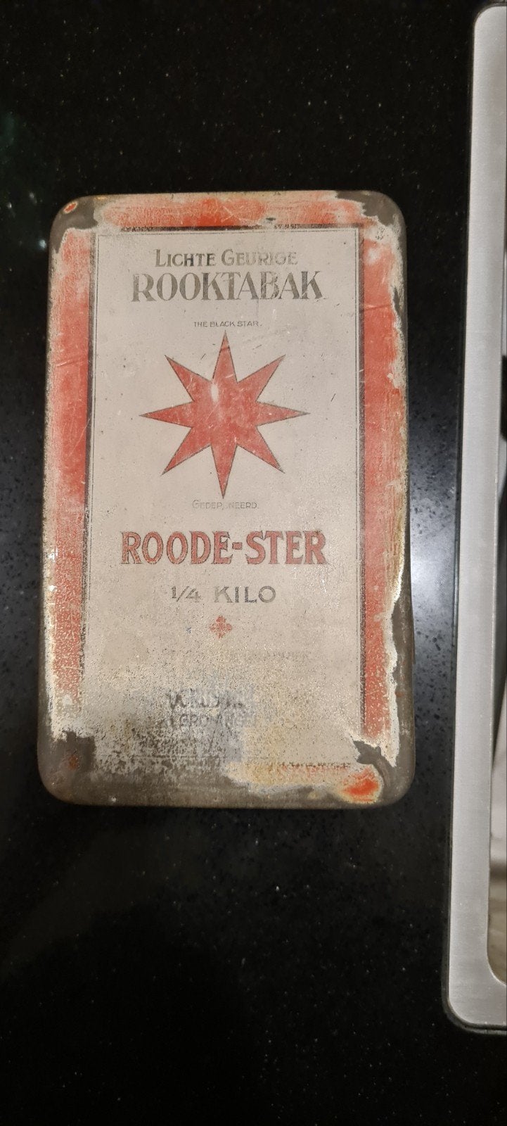 Vintage 'Roode Ster' Tabaksblik met inhoud, Ophalen of Verzenden, Gebruikt, Overige
