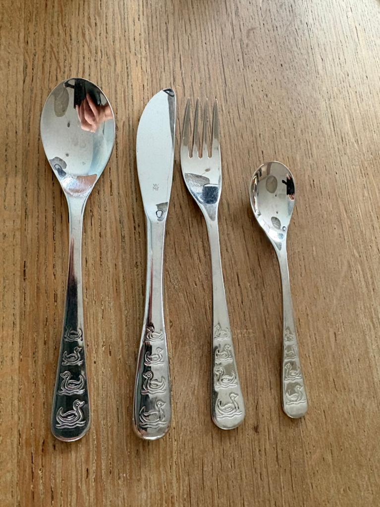 Schattig vintage kinderbestek met eendjes, Ophalen of Verzenden, Zo goed als nieuw