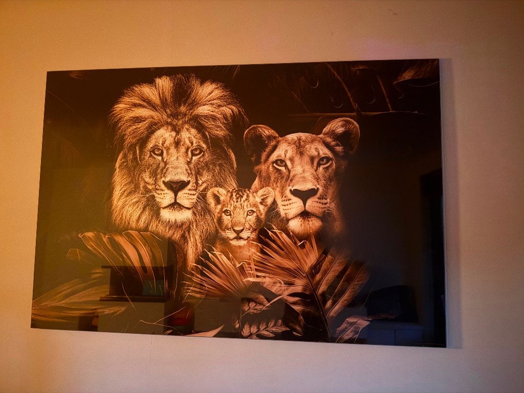 Wanddecoratie, glasplaat leeuwen met welpje, Ophalen, Glas, Overige technieken, Dieren