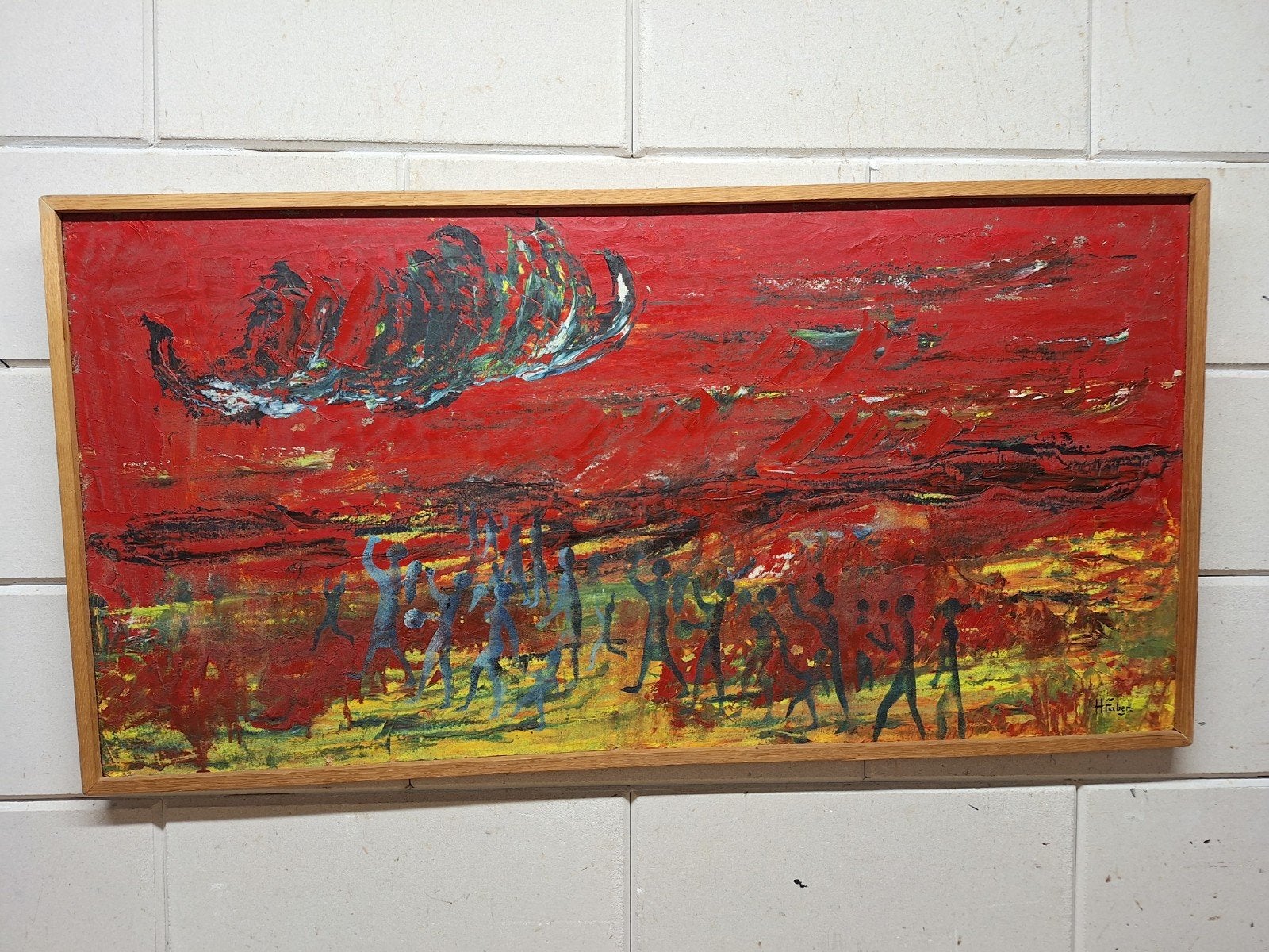 Abstract olieverfschilderij van H. Faber, Antiek en Kunst, Abstract, Hout, Handgeschilderd, Ophalen of Verzenden