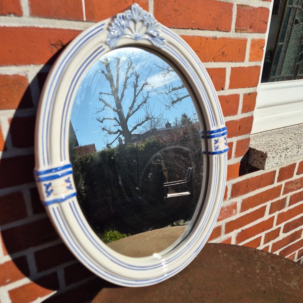Ovale spiegel met porseleinen rand, blauw decor 52hx42br, Huis en Inrichting, Woonaccessoires | Spiegels, Minder dan 50 cm, Ophalen of Verzenden