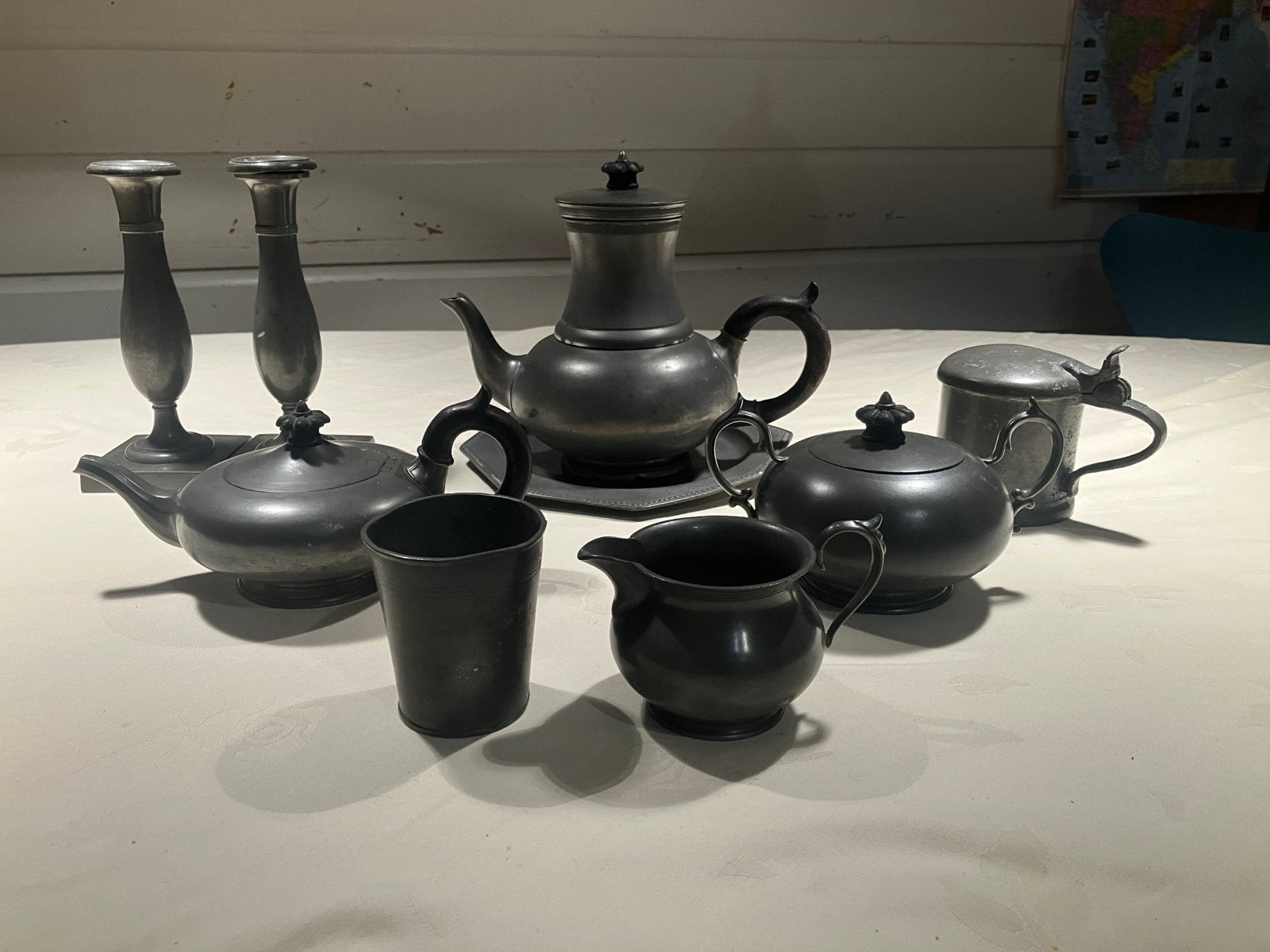 Antiek tinnen theeservies en kandelaars, Ophalen of Verzenden