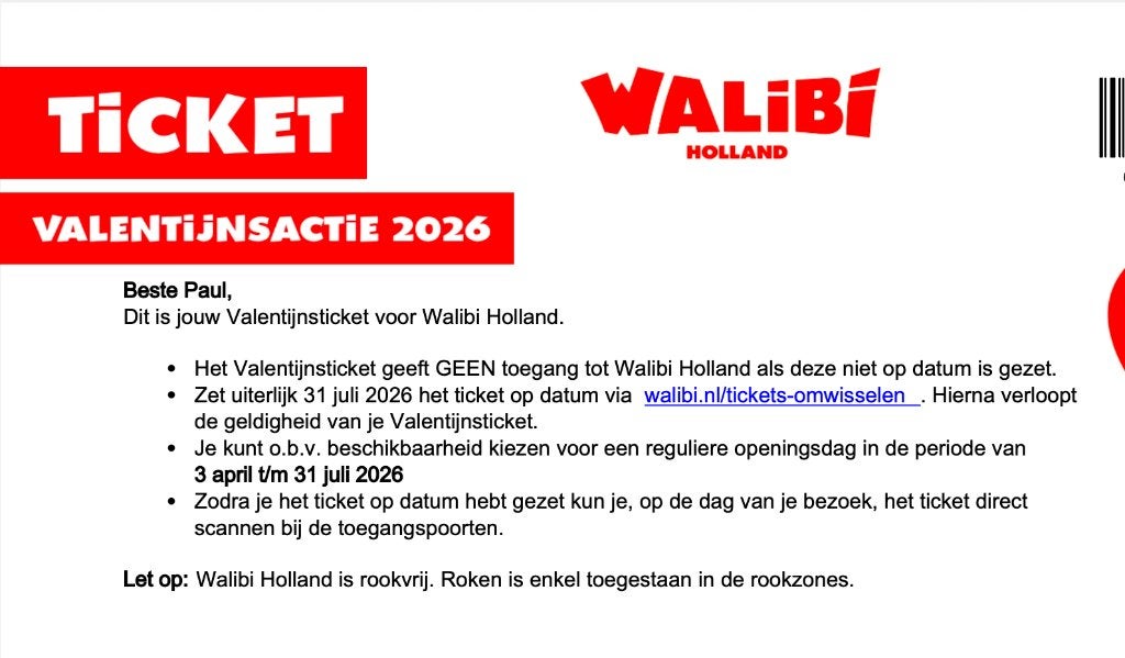 Ticket Walibi, Tickets en Kaartjes, Eén persoon, Ticket of Toegangskaart