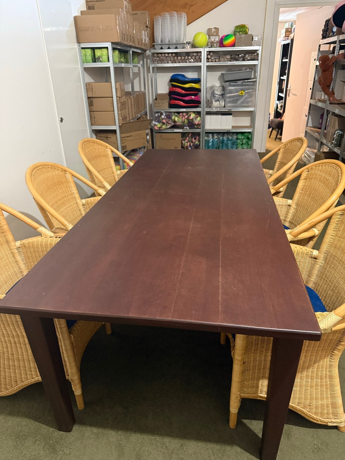 Elegante eettafel met 6 rotan stoelen, Ophalen, Gebruikt, 50 tot 100 cm, Vijf personen of meer