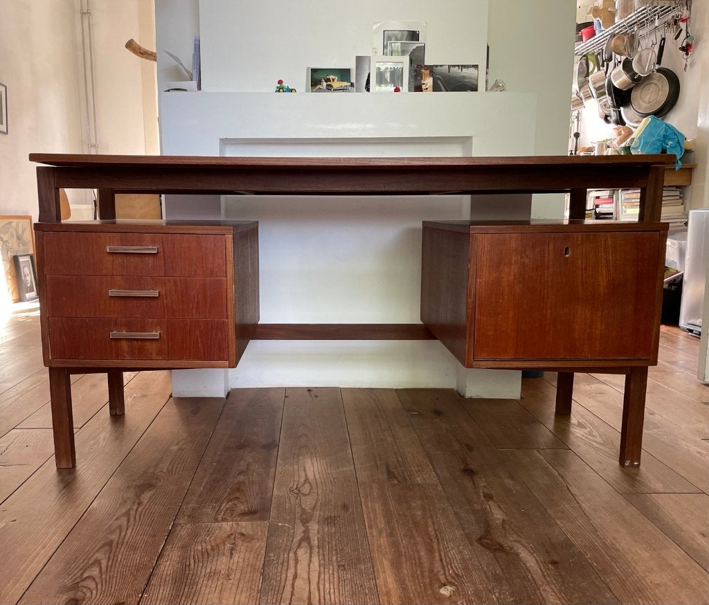 Vintage mid century bureau jaren ‘60, Huis en Inrichting, Ophalen, Gebruikt, 137 cm, Bureau-kast combinatie