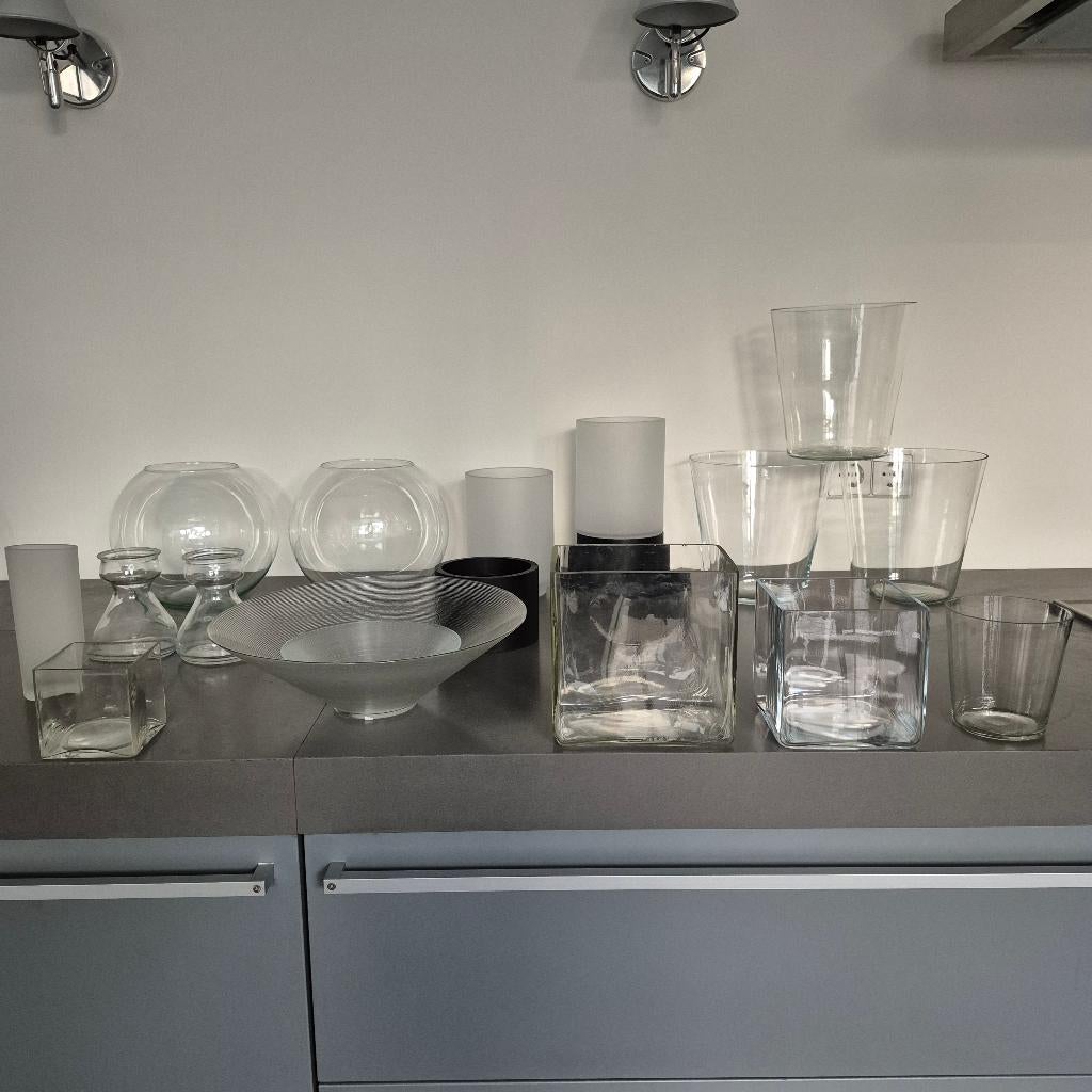 Vazen,  schalen en kaarslichten, doorzichtig glas,, Ophalen, Overige kleuren, Minder dan 50 cm, Glas