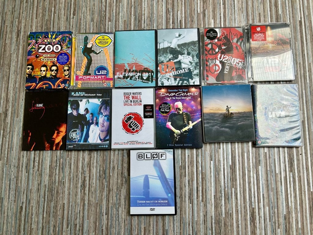 13 muziekdvd's (o.a. U2, David Gilmour, Colplay), Alle leeftijden, Ophalen, Gebruikt