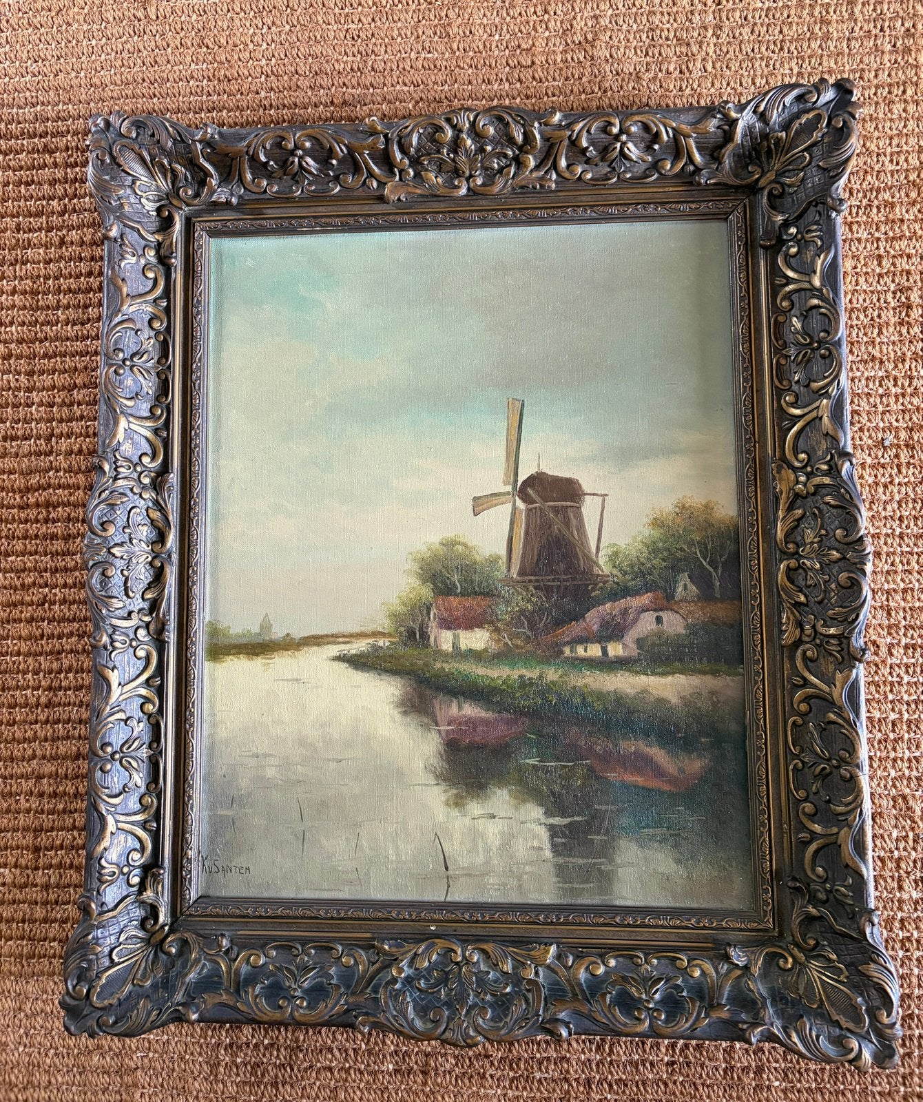 Olieverfschilderij K.van Santen, Antiek en Kunst, Doek, Ophalen of Verzenden, Bijzondere lijst, Landschap