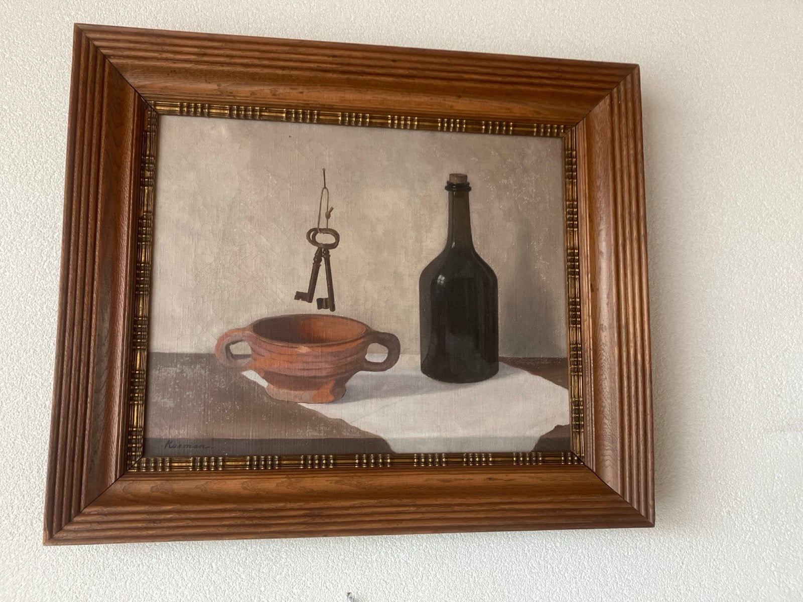 Stilleven schilderij met fles, pot en sleutels, Antiek en Kunst, Kunst | Schilderijen | Klassiek, Ophalen