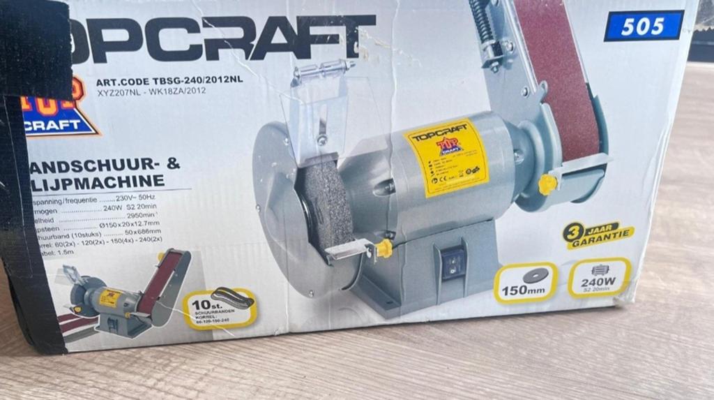 Topcraft bandschuur en slijpmachine, nieuw in doos, Ophalen, Nieuw, Minder dan 700 watt, Werkbankslijpmachine