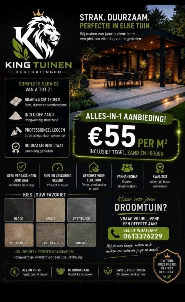 Stratenmaker / Tuin Bestraten All-In €55 m² KING TUINEN, Nieuw, Ophalen of Verzenden, 10 m² of meer, Beton