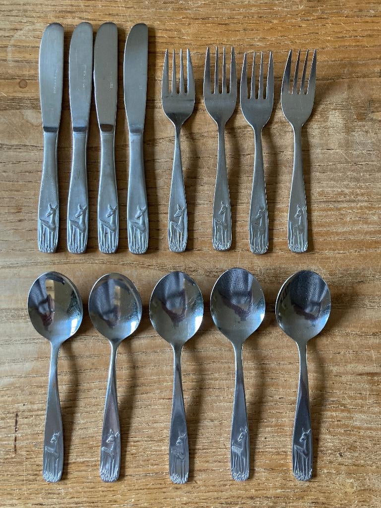 Vintage rvs kinderbestek Amefa hertje mes vork lepel, Ophalen of Verzenden