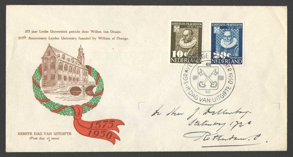 Nederland FDC E3 Met Adres, Leidse universiteit 1950, Postzegels en Munten, Ophalen of Verzenden, Beschreven, Nederland