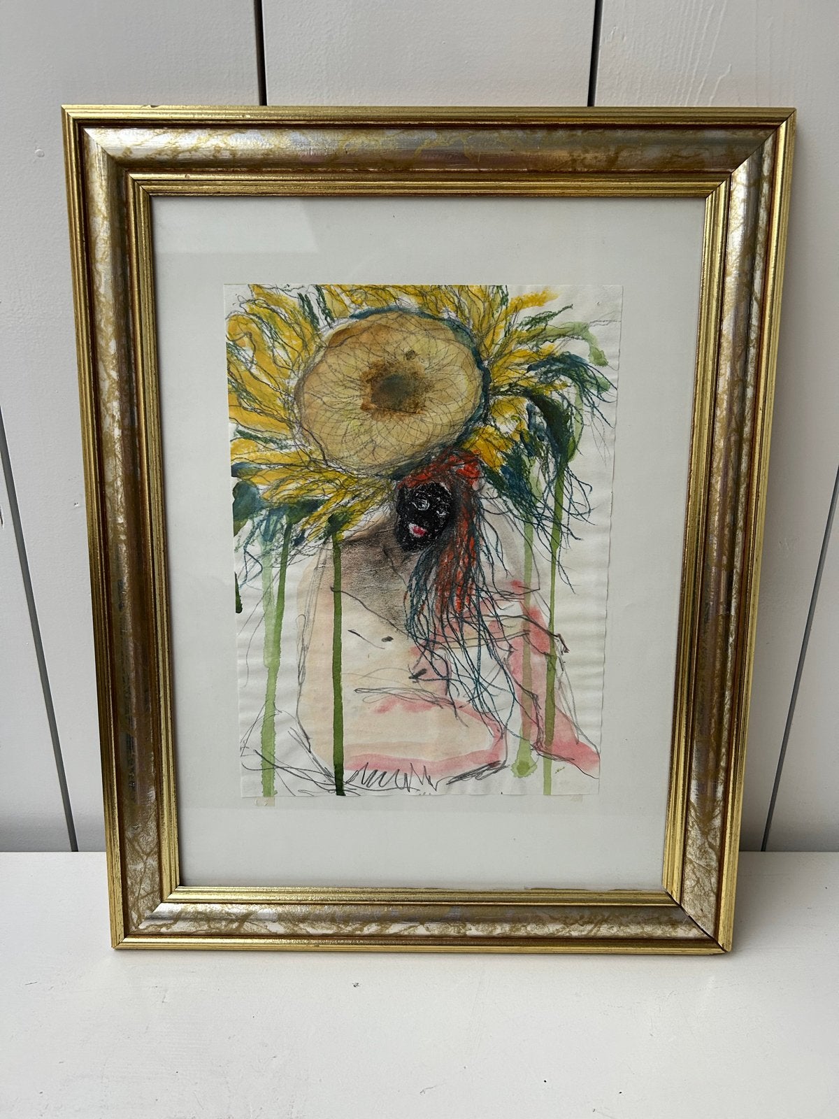 Unieke ingelijste tekening Nanda Coolsma - Zonnebloem, Ophalen of Verzenden, Tekening, Gemengde techniek, Ingelijst