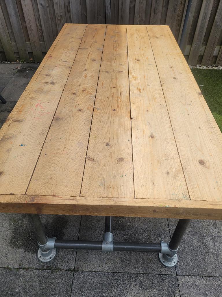 Steigerhout eettafel binnen/buiten steigerbuis, Ophalen, Gebruikt, 200 cm of meer, 50 tot 100 cm