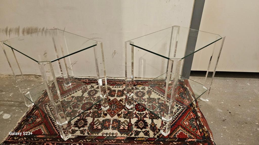 Set van 2 Plexiglas/glas Bijzettafels - Modern Design, Huis en Inrichting, Gebruikt, 50 tot 75 cm, Modern, Transparant, Minder dan 50 cm