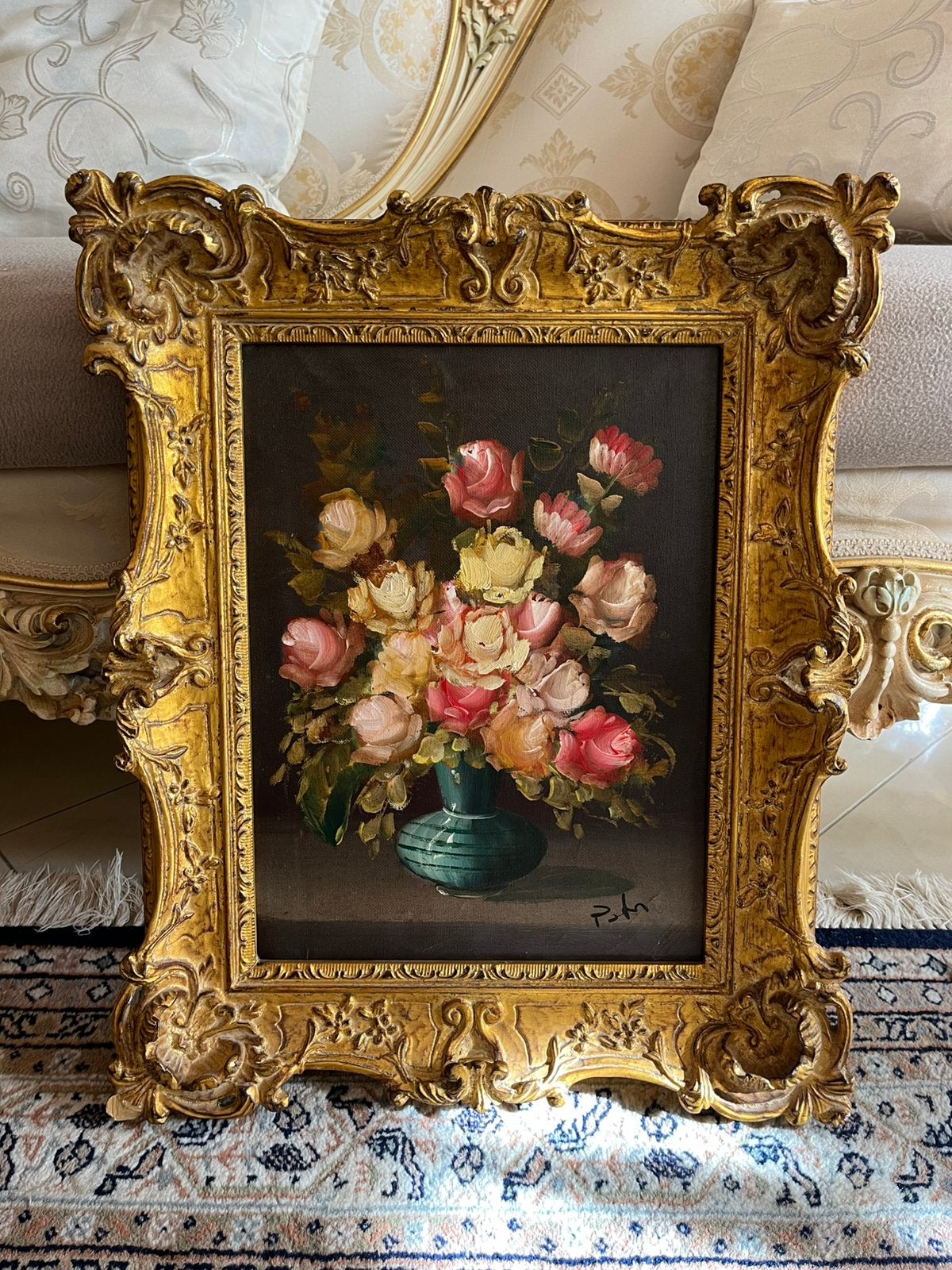 Antiek olieverf bloemen stilleven schilderij, Ophalen