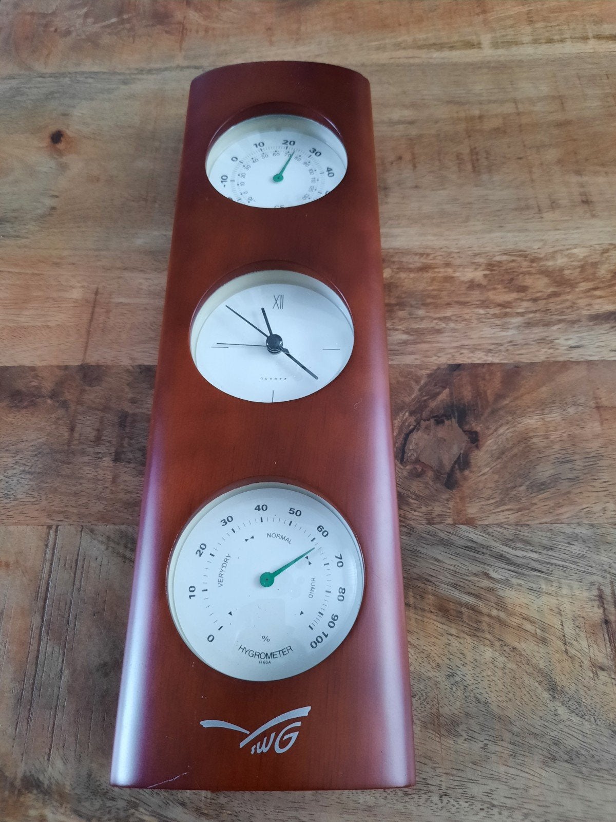 Barometer met Thermometer, Hygrometer en Quartzklok, Ophalen of Verzenden, Gebruikt, Bruin, Hout