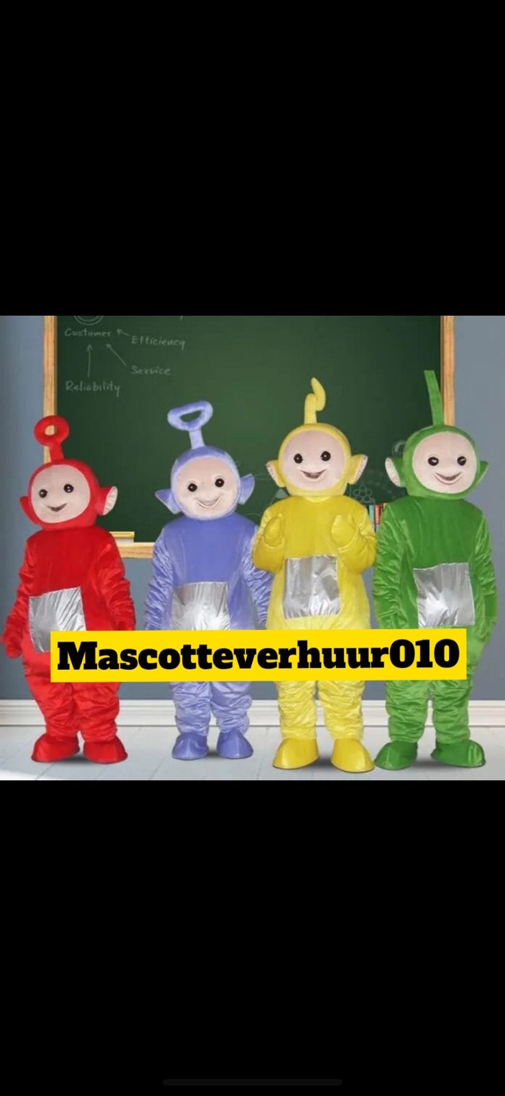 Teletubbies Tinky Winky, Dipsi, Lala & Po mascottes te huur, Ophalen, Zo goed als nieuw, Verjaardag