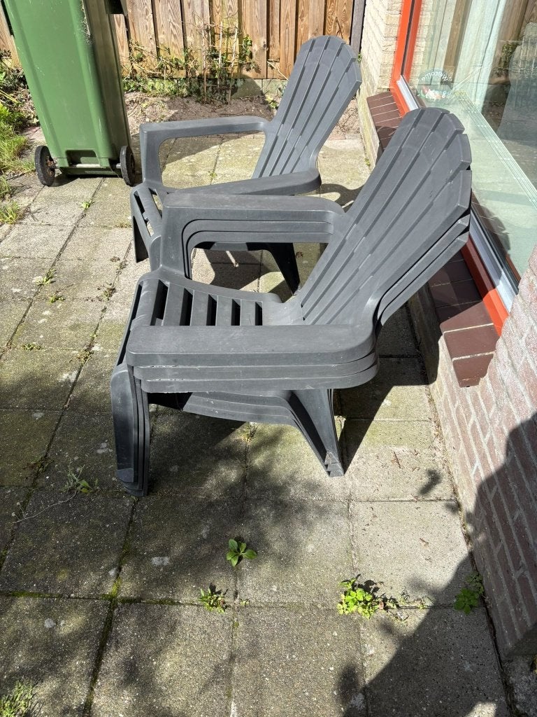 4 Adirondack stapelbare Kunststof Lounge Tuinstoelen Balkon, Ophalen, Gebruikt, Kunststof, Stapelbaar