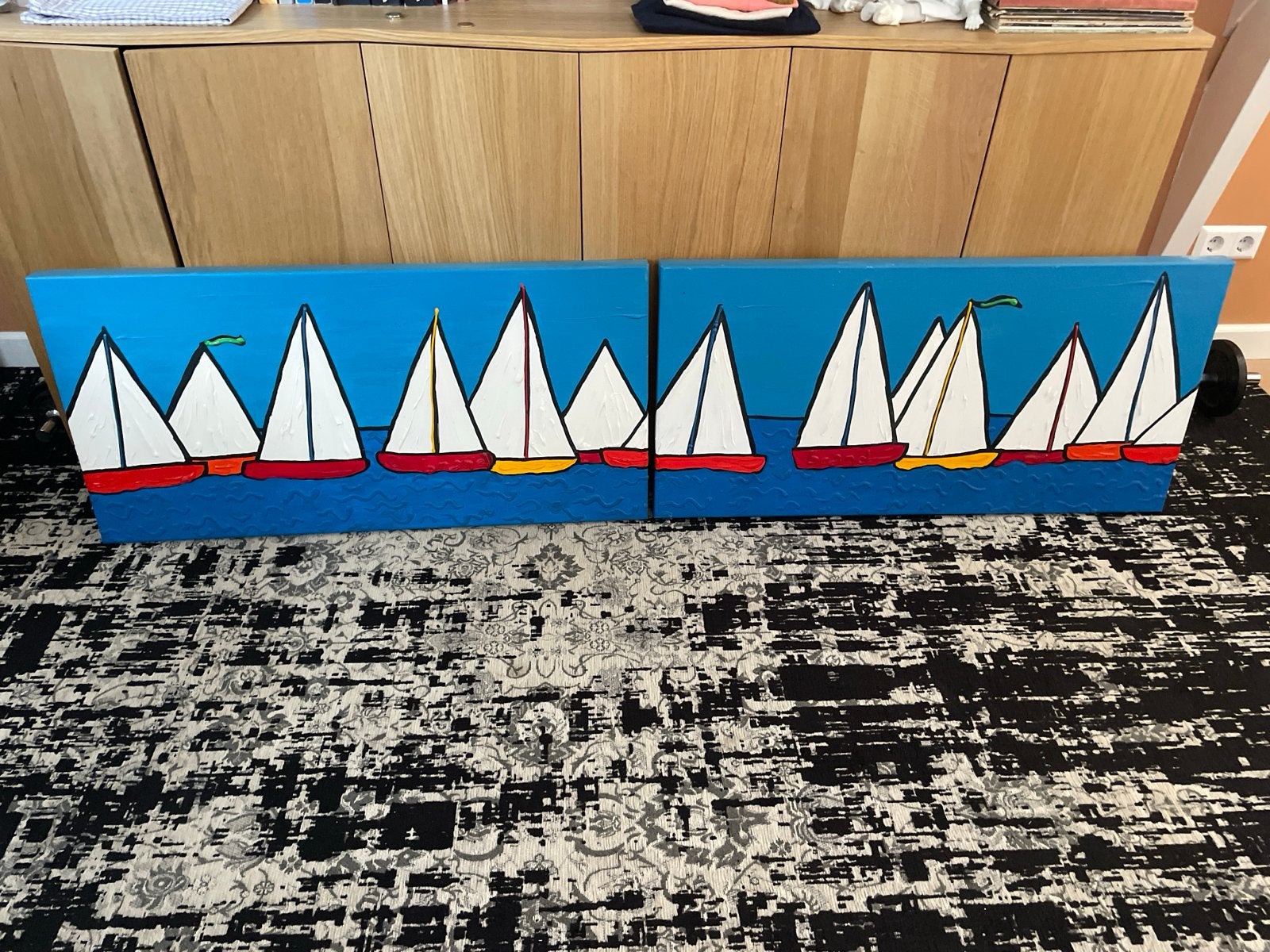 Kunstwerk Lee Anne van den Brand - Zeilboten op Zee (Drielui, Antiek en Kunst, Acrylverf, Ophalen of Verzenden, Gesigneerd, Hout
