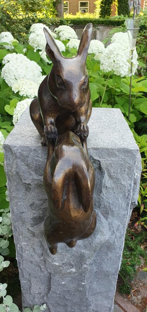 HELPENDE HAZEN / Bronzen tuinbeeld, Tuin en Terras, Tuinbeelden, Dierenbeeld, Nieuw, Info@huisentuindecoratiemarie.nl, Huis en tuin decoratie marie