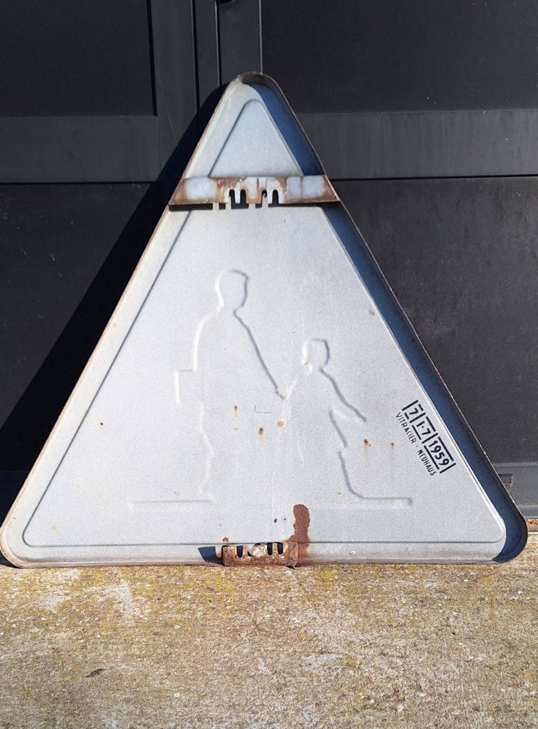 Stoer groot Frans emaille verkeersbord, waarschuwingsbord., Ophalen