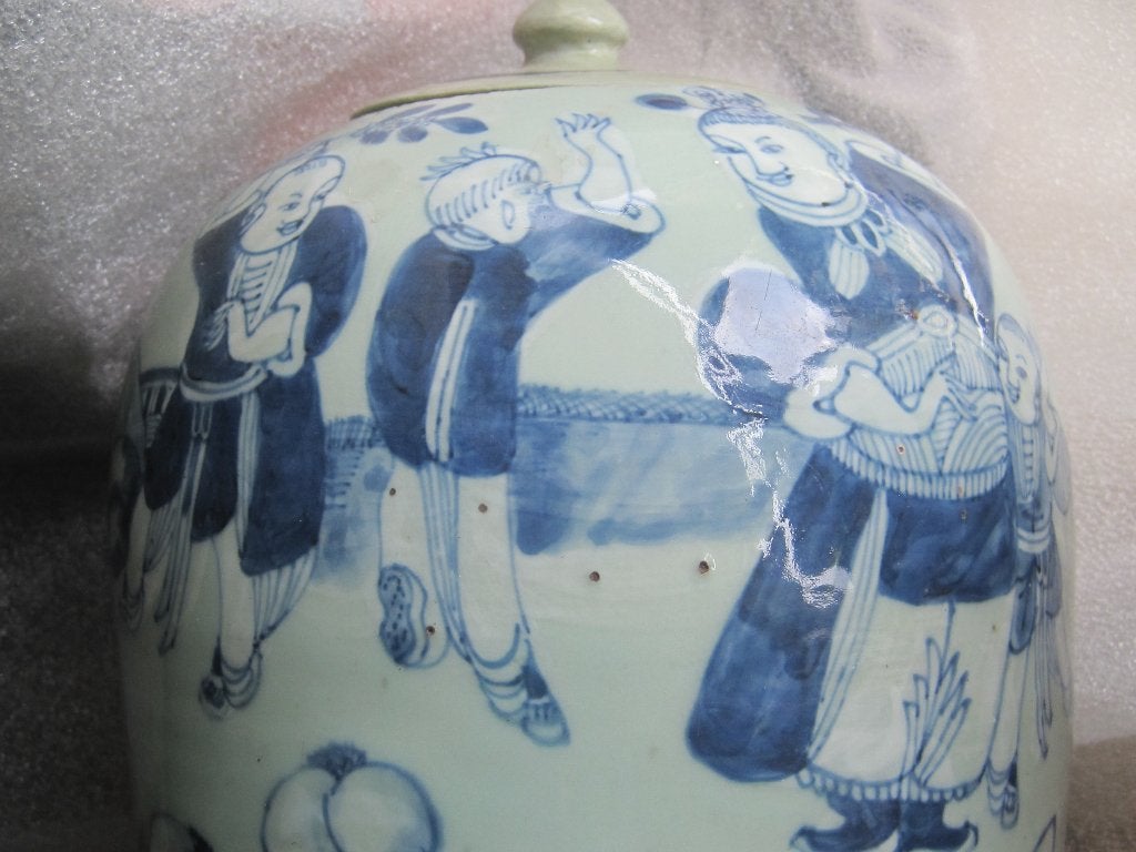 China drie antiek celadon ground blue and white jars vazen, Ophalen