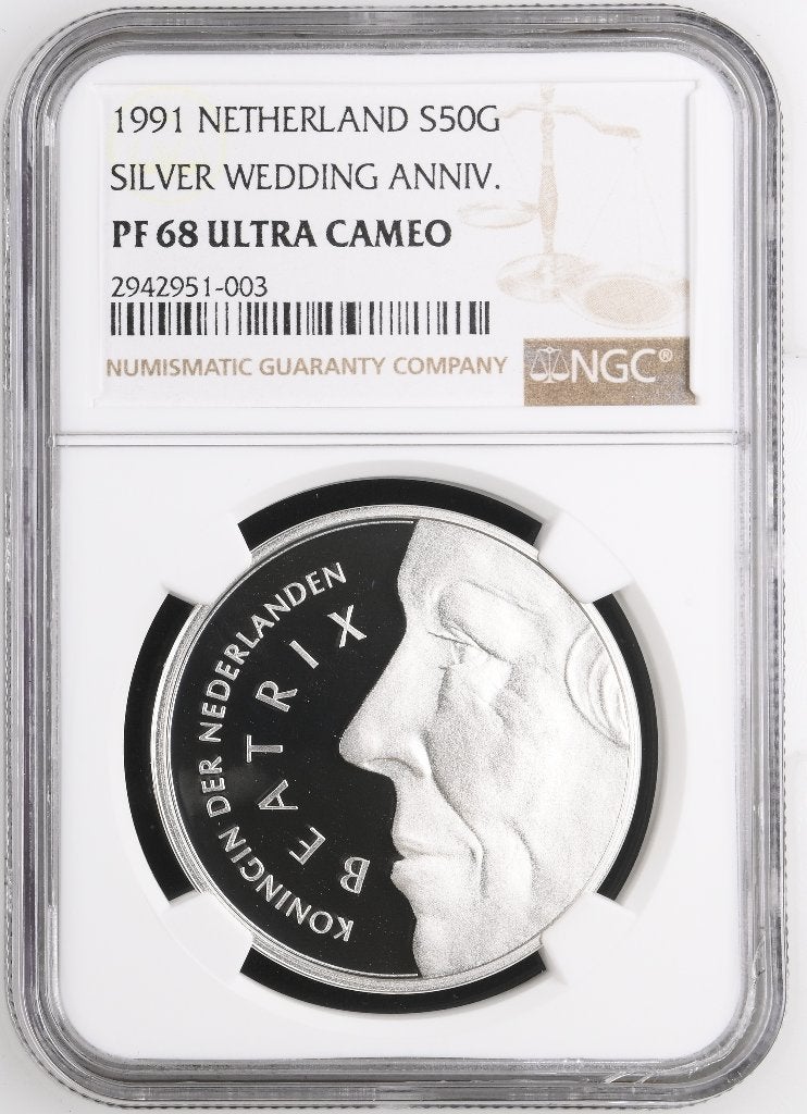 Nederland 1991 50 Gulden Huwelijk Beatrix Zilver Proof NGC, Postzegels en Munten, Munten | Nederland, Verzenden, Koningin Beatrix