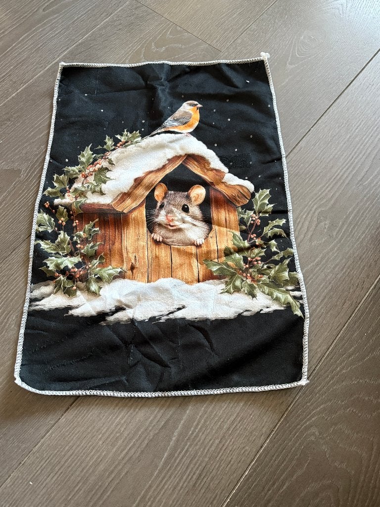 Keukenhanddoek met winterse muis in vogelhuis en Roodborstje, Met decoratie, Zwart, Nieuw, Overige materialen