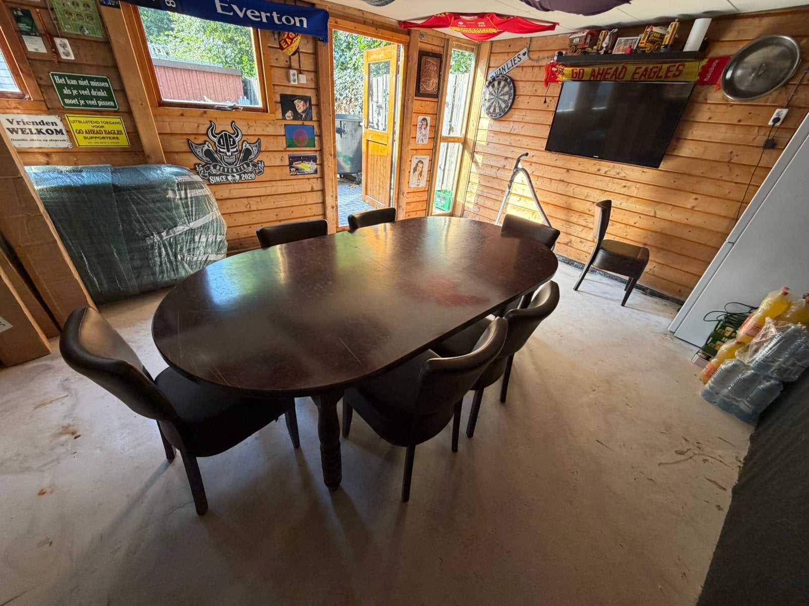 Cafe tafel met 7 stoelen, Huis en Inrichting, Tafels | Eettafels, Ophalen, Gebruikt, 200 cm of meer, 50 tot 100 cm