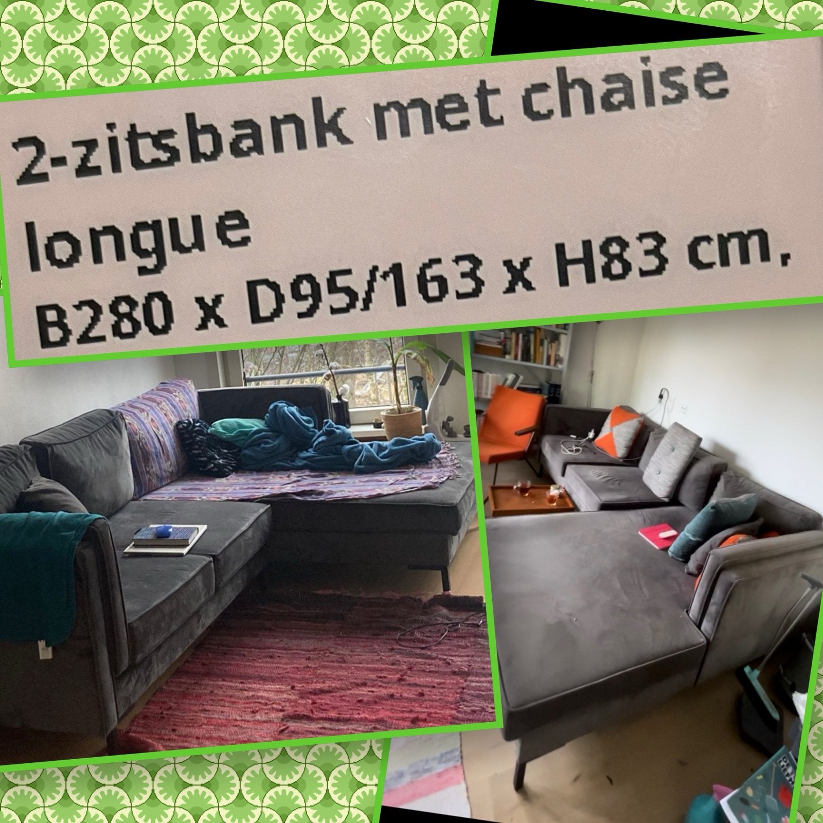 2-zitsbank met chaise longue (B280 x D95/163 x H83 cm), Ophalen, Gebruikt, Stof